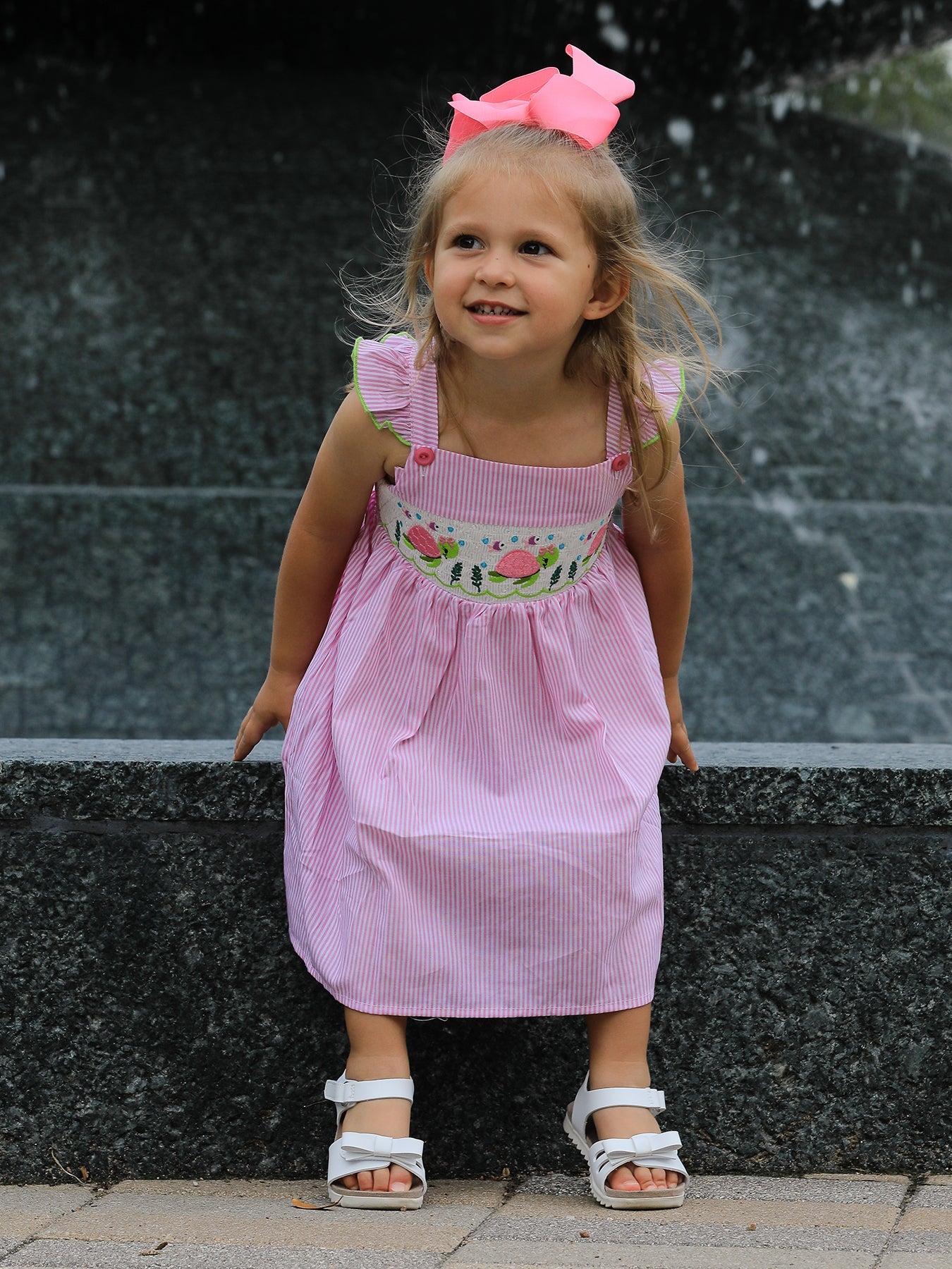 Turtle Girls Dress Pink Stripe Ruffle Strap