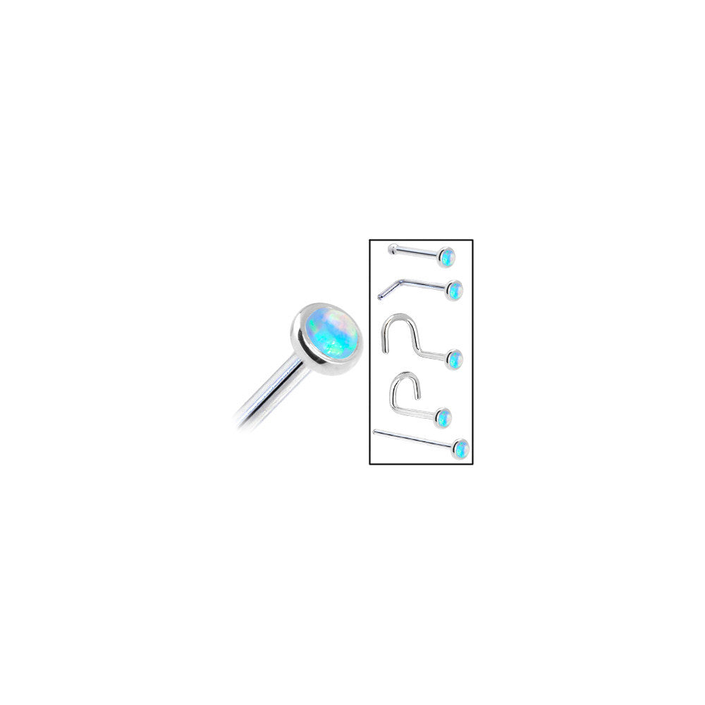 Solid 14K White Gold 2mm Light Blue Synthetic Opal Nose Ring