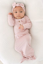 Knotted Baby Gown, Hat, Headband Set – Newborn Baby Girl Outfit - Dusty Rose