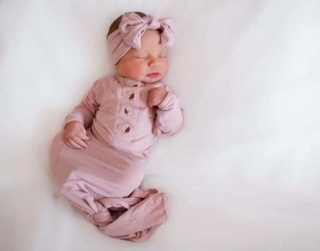 Knotted Baby Gown, Hat, Headband Set – Newborn Baby Girl Outfit - Dusty Rose