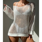 Summer Vacation Sexy Cutout Big round Neck Loose Pullover Bikini Sunscreen Knitted Beach Cover up Crochet hook