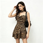 Leopard Print Halter Dress Backless Waist Trimming Ruffled Sexy Small Slim Dress