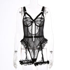 Sexy Lace Lace Cutout See through Sling One Piece Sexy Lingerie Jumpsuit with Leg Ring