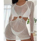 Casual Holiday Short Dress Sexy Slim Waist Hollow Out Cutout round Neck Slim Fit Long Sleeved Sunscreen Beach Dress Crochet hook