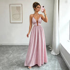 Casual Sleeveless Halter Fitted Waist Striped Color Matching Long Maxi Dress