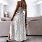 Women's Floral V-Neck Lace Dress - Sleeveless Spaghetti Strap Boho Beach Vacation Dress with Side Split