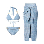 Bikini Triangle Sexy Denim Printing Split Swimsuit Women Wrap Skirt