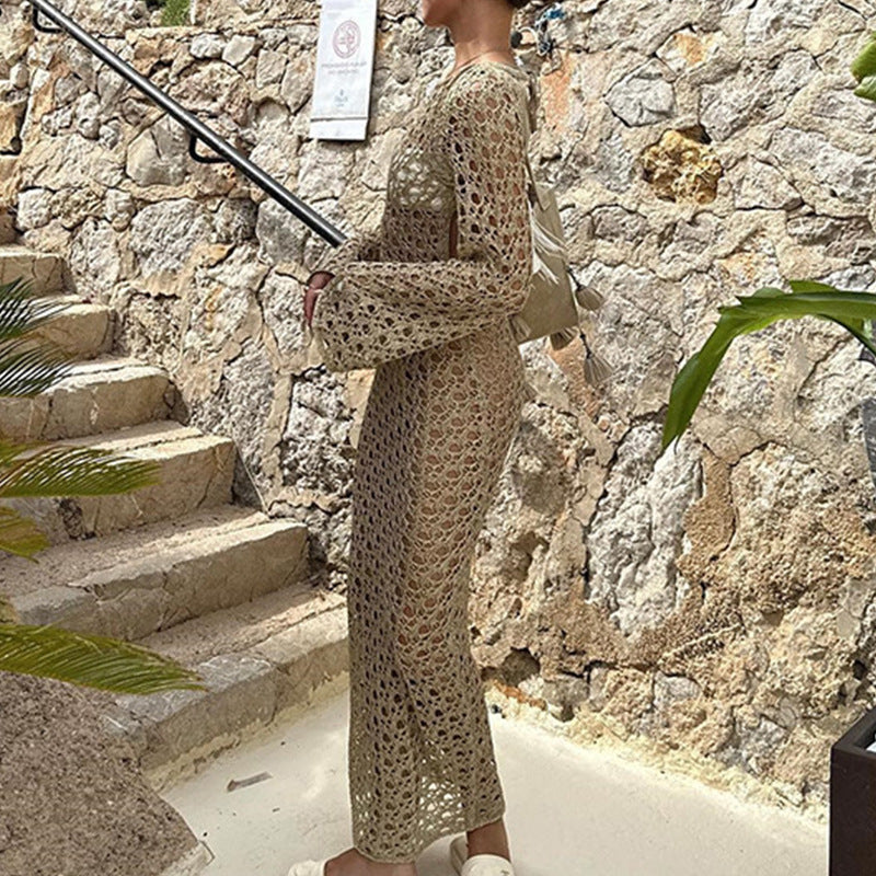 Women Clothes Sexy Hollow Out Cutout Long Sleeved round Neck Maxi Dress Holiday Beach Overskirt Crochet hook