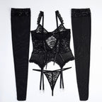 Big Stockings Black Mysterious Lace Hollow Out Cutout Lace Strap Slimming Sexy Goddess Sexy Lingerie Four Piece Set