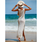 Travel Vacation Sexy Backless V neck Solid Color Breathable Knitted Maxi Dress Beach Sun Protection Blouse Crochet hook