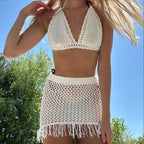 Hollow Out Cutout out Strap Bikini Top Tassel Skirt Sexy Beach Sun Protective Blouse Crochet hook