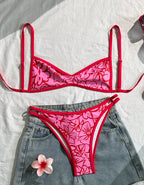 Ladies Bikini Two Piece Set Red Floral Summer Women Beach Split Swimsuit
