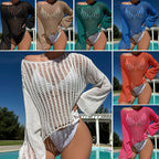 Sexy Loose Fitting Pullover round-Neck Hollow Out Cutout Texture Sheer Long Sleeve Bikini Short Sun Protective Clothing Crochet hook