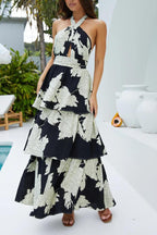 Spring Summer Women Clothing Sexy Print Tiered Dress Lace up Maxi Dress