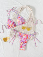 Contrasting Print Strap Sexy Bikini Split Swimsuit Batwing Short Sleeve Shirt W Plants Print