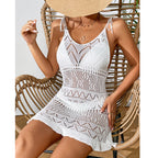 Women Clothing Short Knitted Sling Deep V Plunge See through Sexy Hollow Out Cutout Floral Hem Jumpsuit Knitted Beach Dress Crochet hook