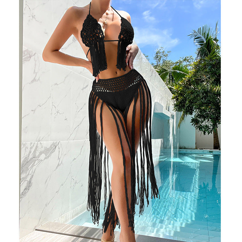 Beach Tourism Hand Crocheting Three Dimensional Floral Tassel Beach Sexy Open Back Swimsuit Bikini Set Crochet hook