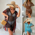 Contrast Color Sexy Loose Pullover V-neck Tassel Hollow Out Cutout out Beach Sun Protection Clothing Bikini Beach Cover-up Crochet hook