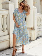 V neck Short Sleeve Hollow Out Cutout Lace Stitching Flounced Pastoral Vacation Dress