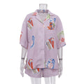 Summer Women Digital Printing Casual Shirt Outfit Collared Short Sleeve Cardigan Top Shorts Two Piece Set