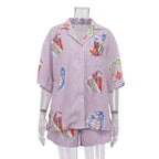 Summer Women Digital Printing Casual Shirt Outfit Collared Short Sleeve Cardigan Top Shorts Two Piece Set