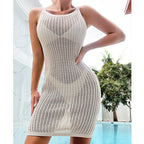 Sexy Mid Length Knitted Sling Skinny Hollow Out Cutout U Collar Dress Knitted Beach Dress Crochet hook