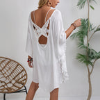 Hand Hook Floral Stitching Tassel Beach Cover up Hollow Out Cutout Butterfly Loose Beach Vacation Sun Protective Clothing