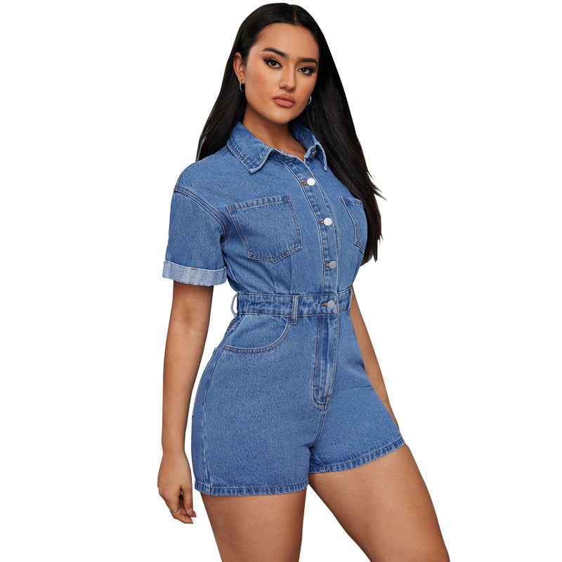Women Clothing Denim Collared Short Sleeve Waist Controlled Romper