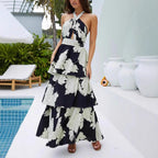 Spring Summer Women Clothing Sexy Print Tiered Dress Lace up Maxi Dress