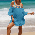 Vacation Spaghetti Straps Sun Protective Clothing Hand Crocheting Lace off-Shoulder Top Casual Short Solid-Colored Sun Protection Beach Dress
