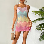 Women Clothing Short Knitted Sexy Suspenders Hollow Out Cutout Texture Macaron Color U Collar Knitted Seaside Overskirt