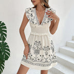 Summer Smocking Short Dress Casual Lotus Leaf Stitching Vacation Printing Dress