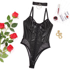 Sexy Mesh See through Patent Leather Sling One Piece Sexy Lingerie Set