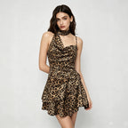Leopard Print Halter Dress Backless Waist Trimming Ruffled Sexy Small Slim Dress