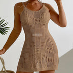 Vacation Women Clothing Short Chic round Neck Plaid Texture Hollow Out Cutout out See through Camisole Sexy Short Dress Crochet hook