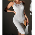 Women Clothing Mid-Length Sexy Crocheted Hollow Out Cutout U Collar Strap Dress Knitted Beach Dress Crochet hook