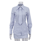 Printed Striped Tie Shirt Skirt Set Women Collared Long Sleeved Shirt Office Two Piece Set