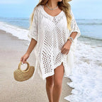 Women Clothing Solid Color Knitted Beach Knitted Sexy Long Sleeved Blouse Sun Protective Clothing