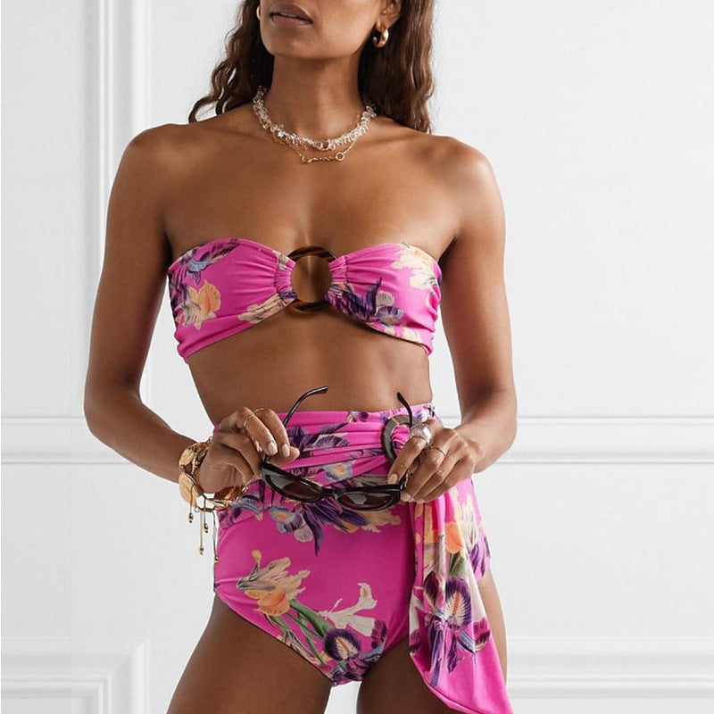 Split Bikini Printed Lace up Sexy Swimsuit Women Split