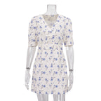 French Elegant Printed Short Word Dress Women V neck Short Sleeve High Waist Floral Dress