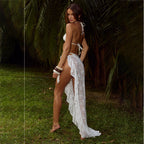 Solid Color Sexy Lace Cutout Beach Cover up Bikini Swimsuit Skirt Sets