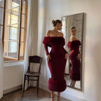 women's clothing autumn and winter fashion fur collar one-word collar long-sleeved temperament slim evening dress