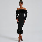 women's clothing autumn and winter fashion fur collar one-word collar long-sleeved temperament slim evening dress