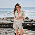 Beach Women Solid Color Knitted Beach Bikini Swimsuit Blouse Sun Proof Set