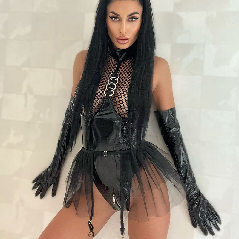 Sexy Patent Leather One Piece Mesh Backless See through Sexy Lingerie Set