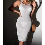 Women Clothing Mid-Length Sexy Crocheted Hollow Out Cutout U Collar Strap Dress Knitted Beach Dress Crochet hook