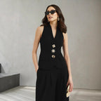 Women Elegant Solid Color V neck Sleeveless Vest High Waist Wide Leg Pants Set