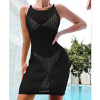 Sexy Mid Length Knitted Sling Skinny Hollow Out Cutout U Collar Dress Knitted Beach Dress Crochet hook