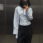 Women Clothing Striped Collared Shirt Women Waist Controlled Long Sleeves Lace up Cardigan Shirt Top