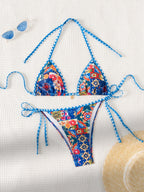 Hemming contrasting print strap sexy bikini split swimsuit Batwing Short Sleeve Shirt W Plants Print